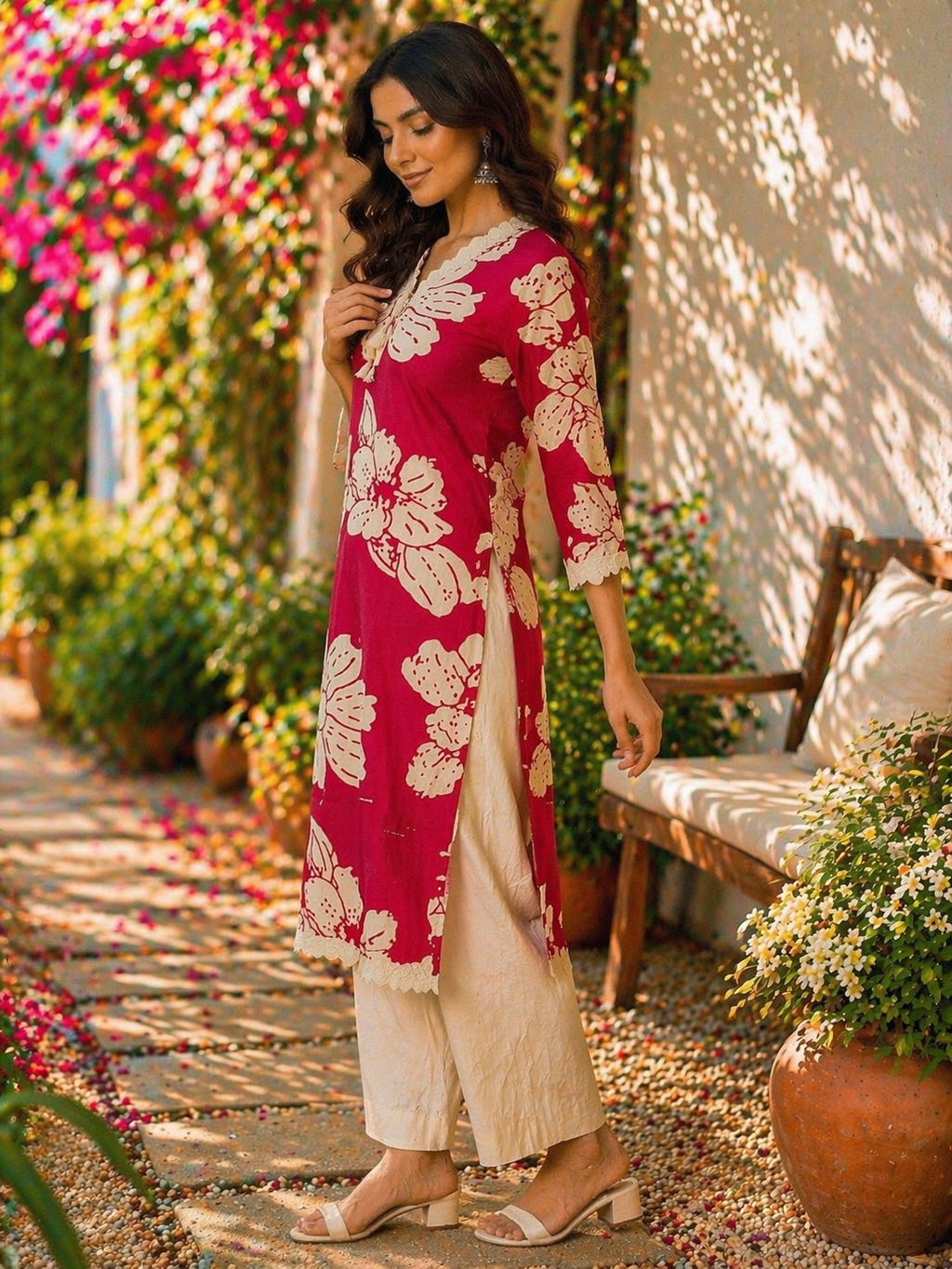Cotton Flex Printed Kurta Set with Dupatta - Fuchsia Pink