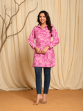Abstract Lavender Printed Short Kurti with Shirt Collar and Statement Button Detailing