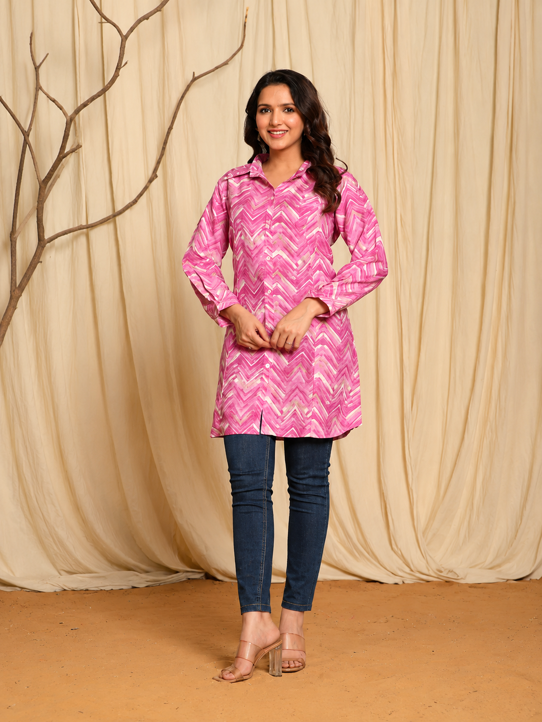 Abstract Lavender Printed Short Kurti with Shirt Collar and Statement Button Detailing