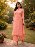 Muslin Printed Straight Kurta Pant Set -Light Orange