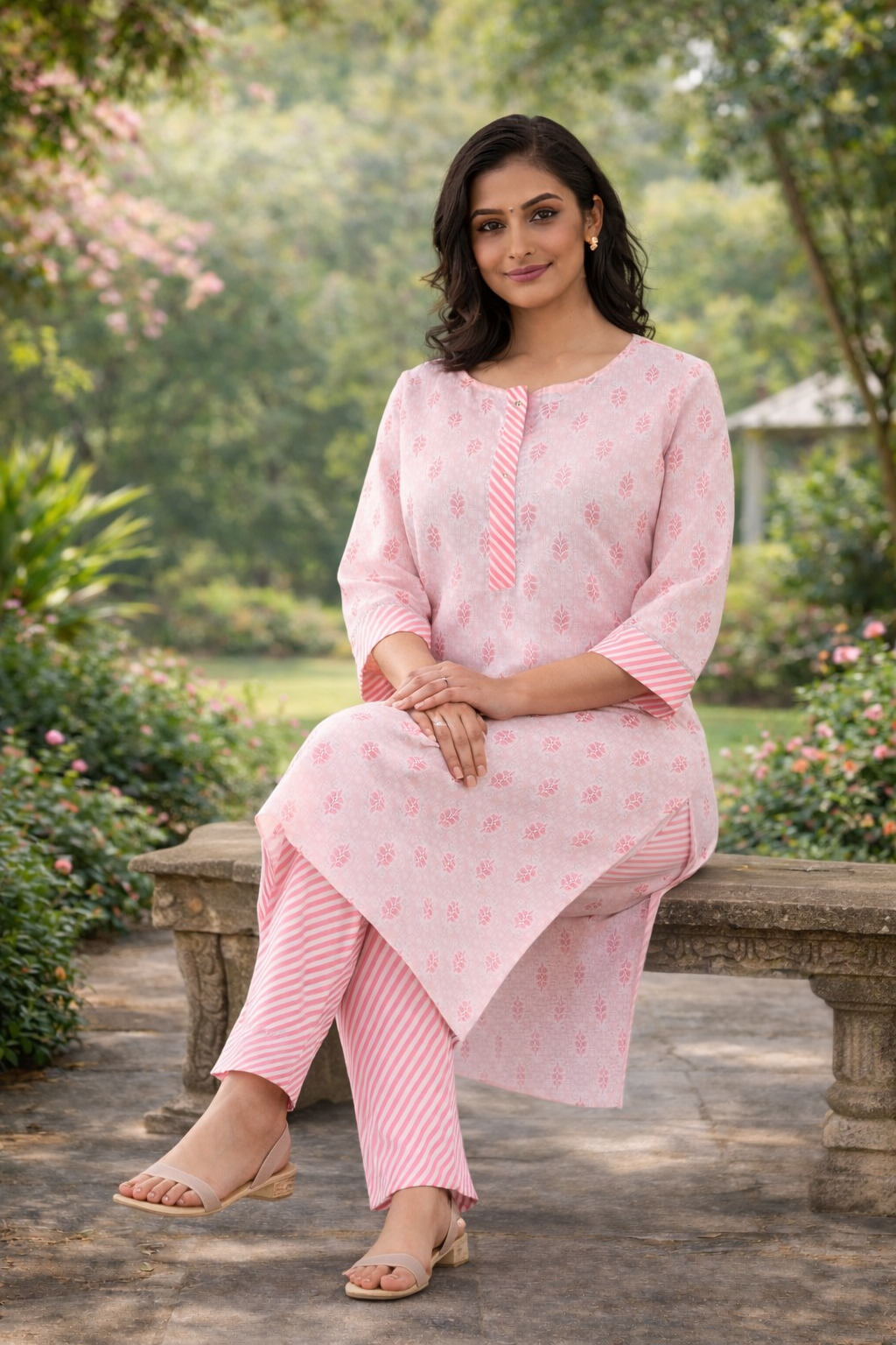 Rayon Printed Straight Kurta Pant Set- Light Pink