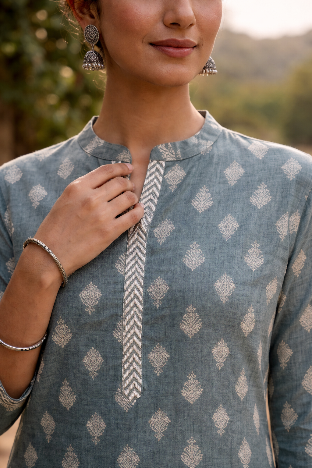 Teal Block Print Straight Kurta with Palazzo Pants Set