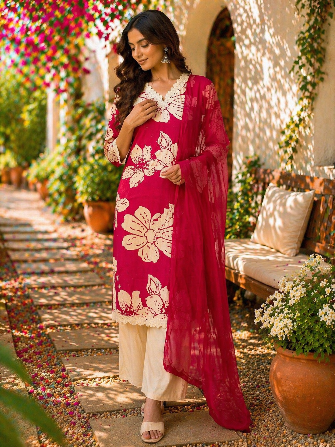 Cotton Flex Printed Kurta Set with Dupatta - Fuchsia Pink