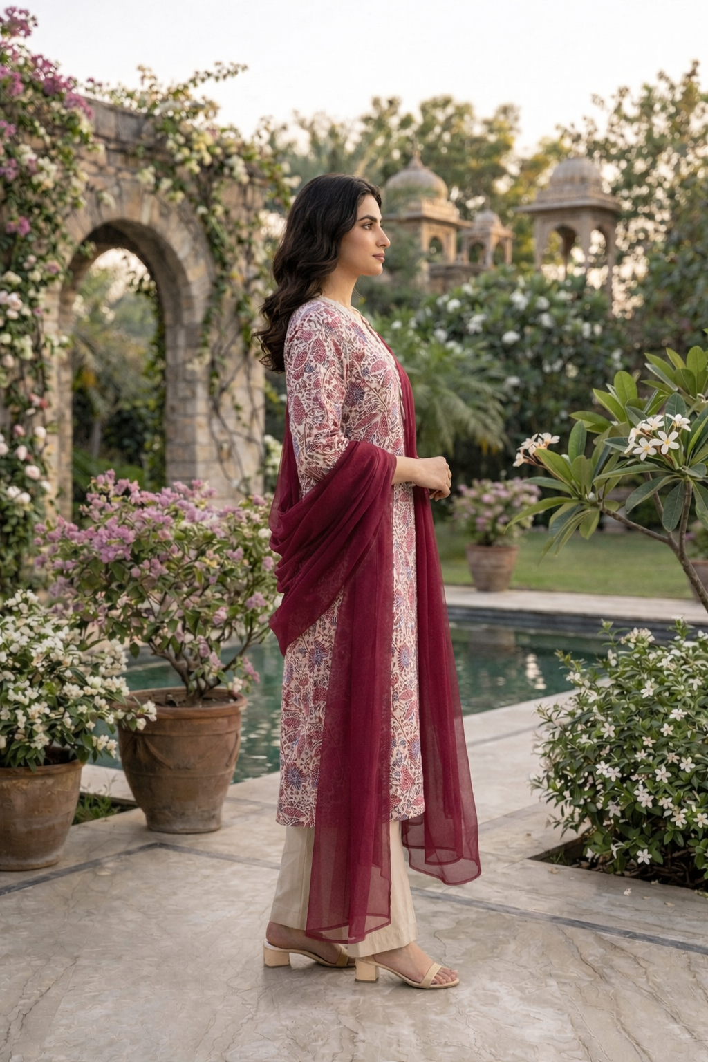 Cotton Flex Printed Kurta Set with Dupatta - Marron
