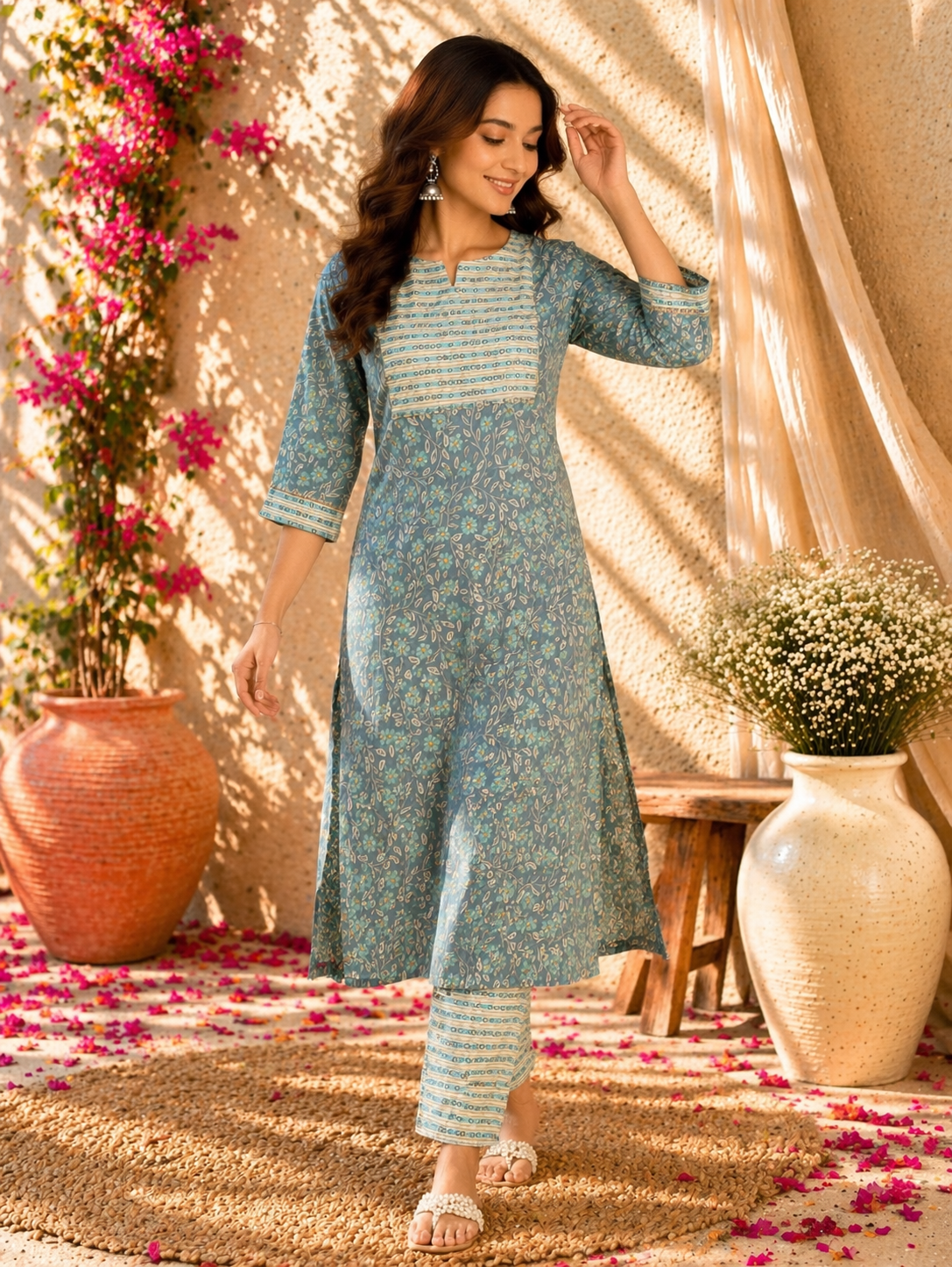 Rayon Printed Straight Kurta Pant Set- Ice Blue