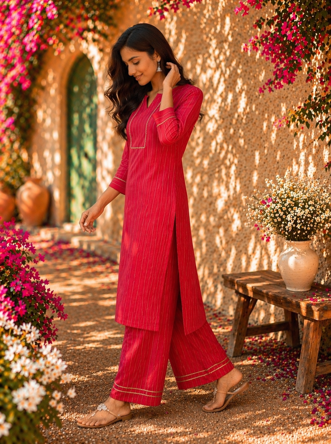 Rayon Printed Straight Kurta Pant Set- Red