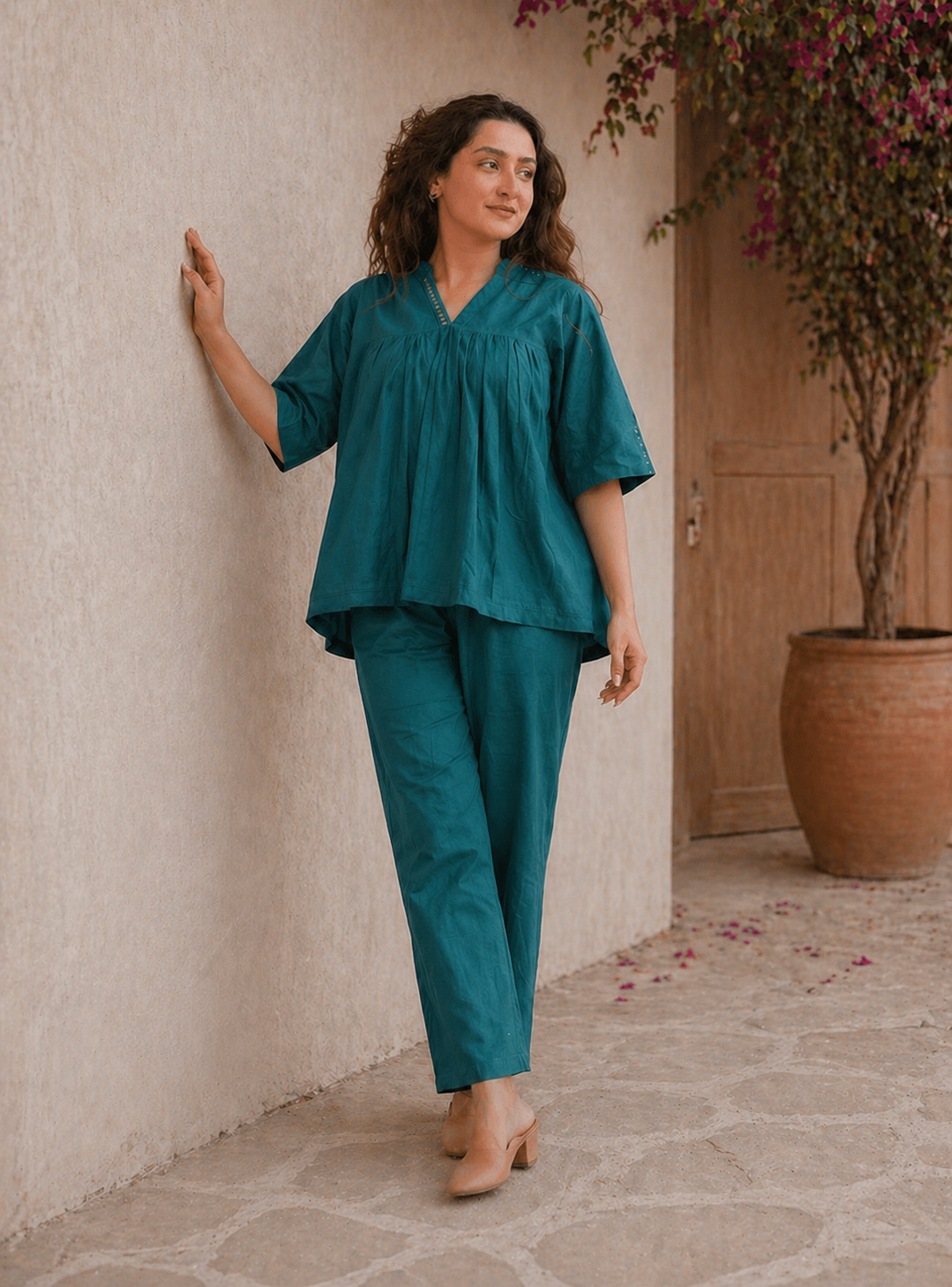 Teal Blue Cotton Gathered Tunic & Straight Pant Co-ord Set