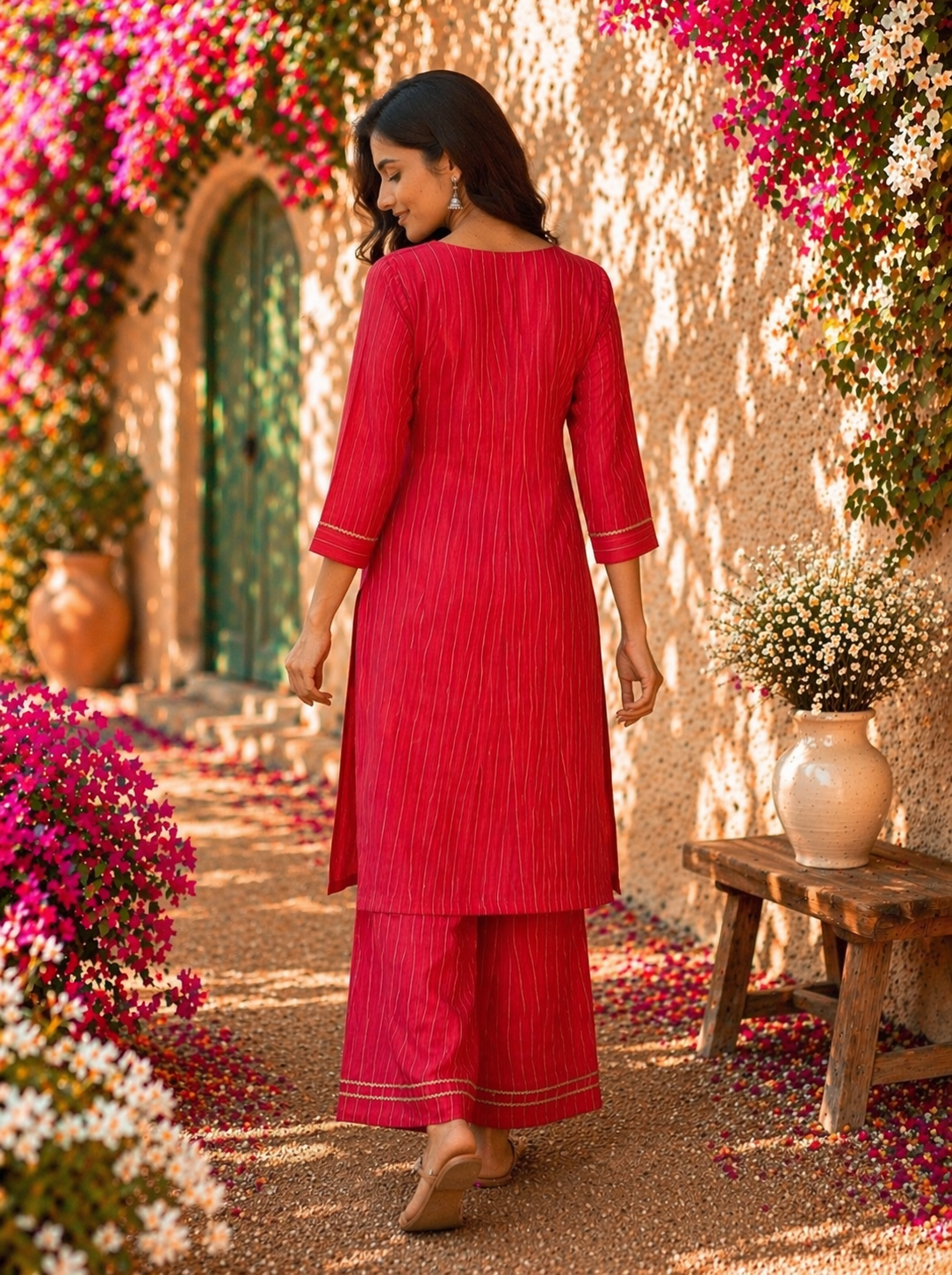 Rayon Printed Straight Kurta Pant Set- Red
