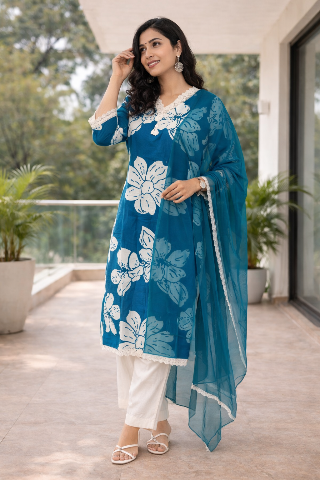 Cotton Flex Printed Kurta Set with Dupatta -Royal Blue