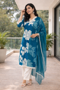 Cobalt Blue Floral Printed Kurti Set with Contrast Dupatta