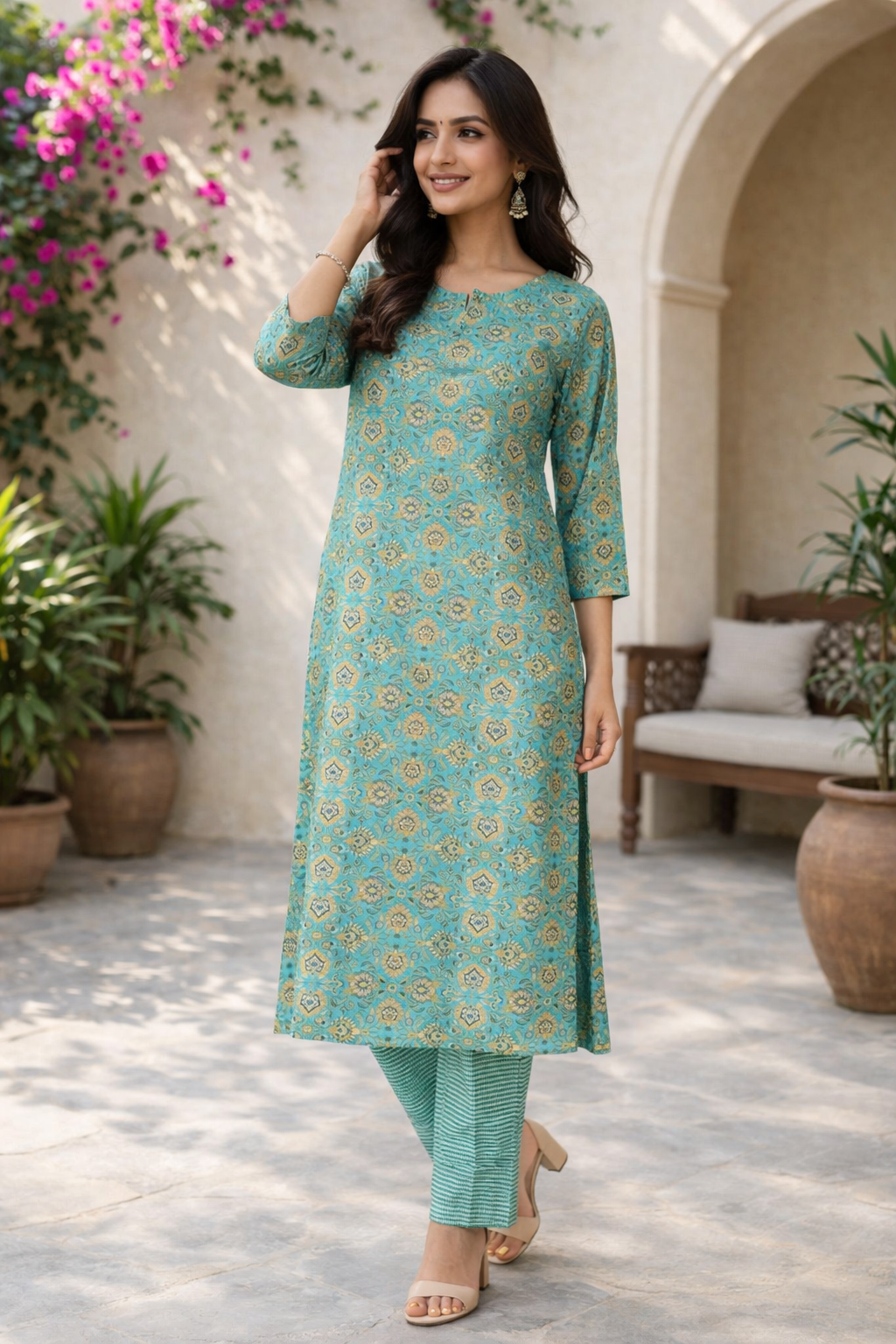 Rayon Printed Straight Kurta Pant Set- Kalki Rama Green