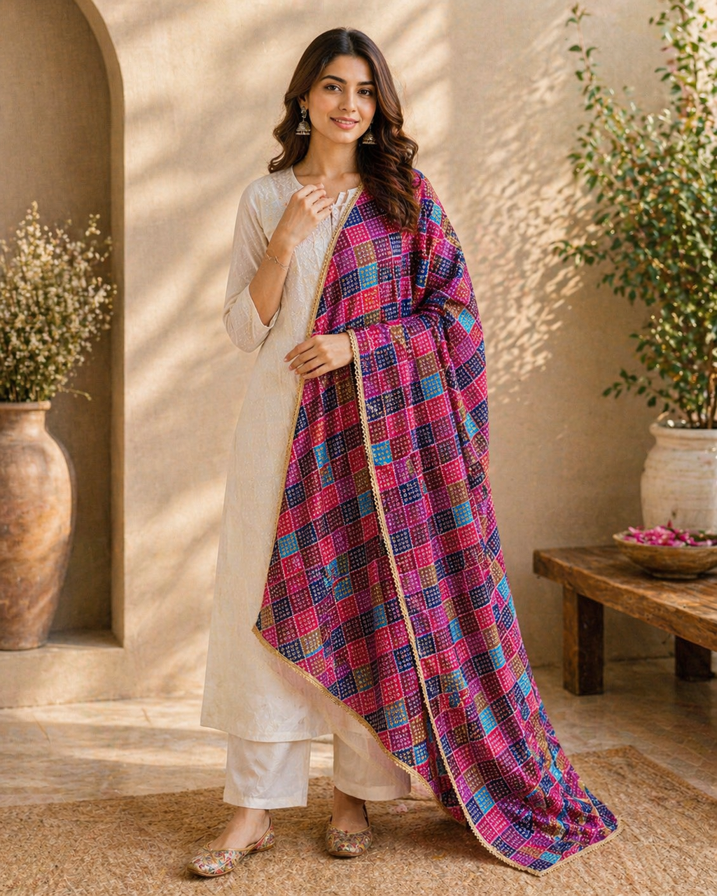 Multicolor Printed Dupatta with Golden Border