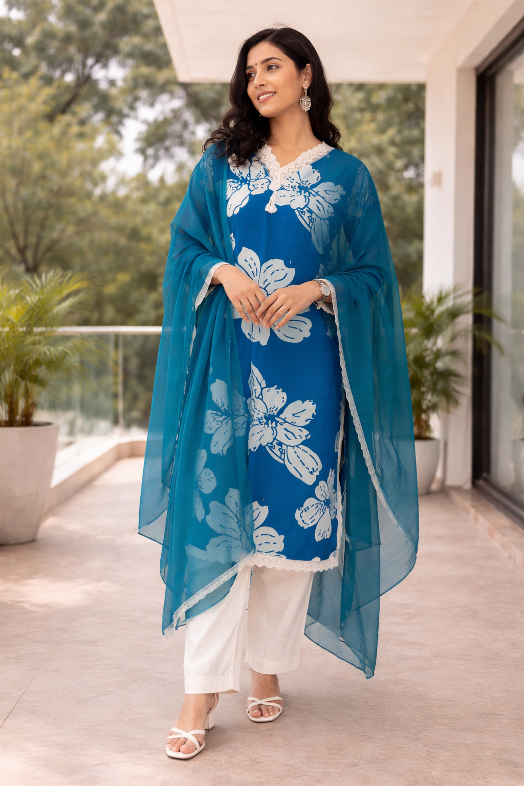 Cotton Flex Printed Kurta Set with Dupatta -Royal Blue