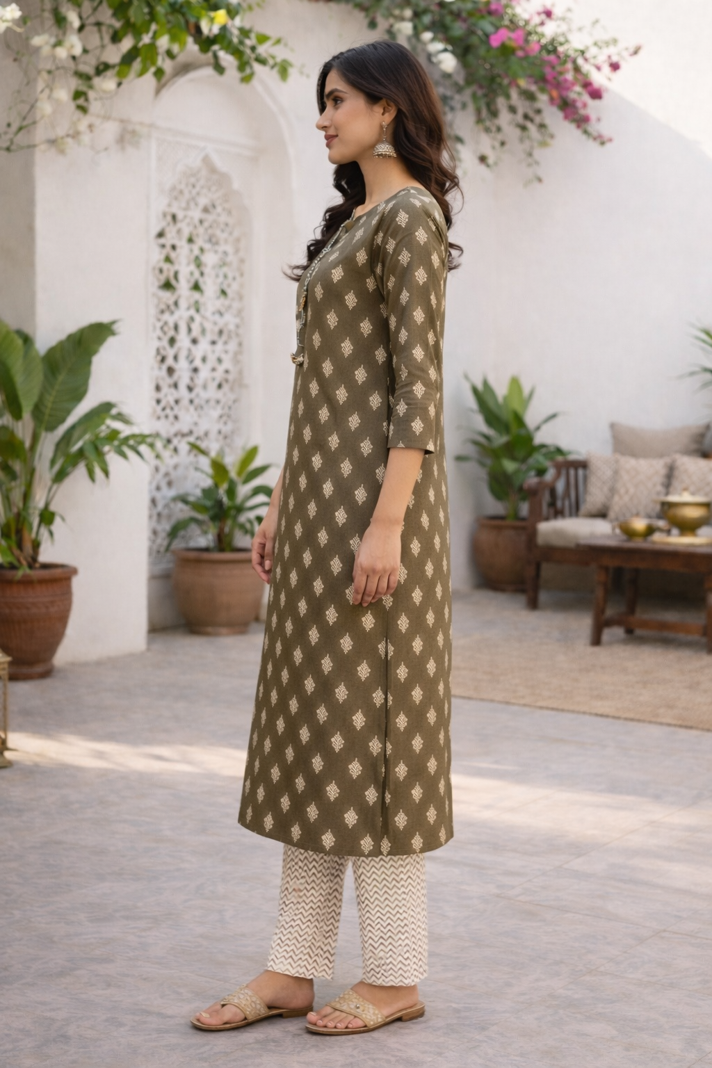 Women's Olive Floral Print Straight Kurta Set
