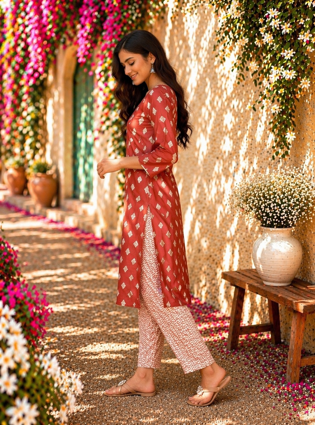 Rayon Printed Straight Kurta Pant Set- Marron