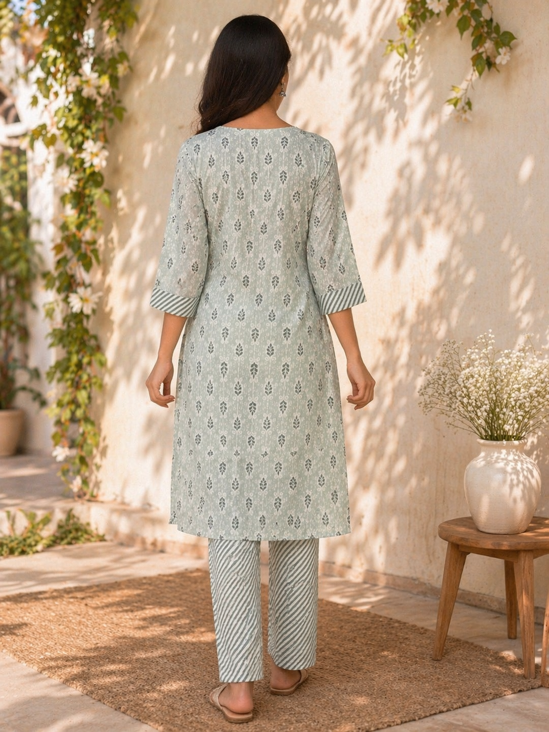 Rayon Printed Straight Kurta Pant Set- Light Grey