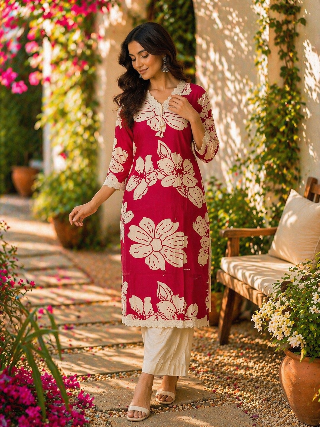 Cotton Flex Printed Kurta Set with Dupatta - Fuchsia Pink