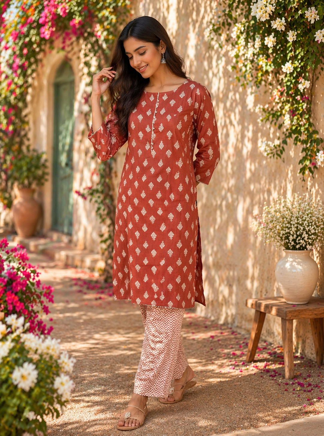 Rayon Printed Straight Kurta Pant Set- Marron