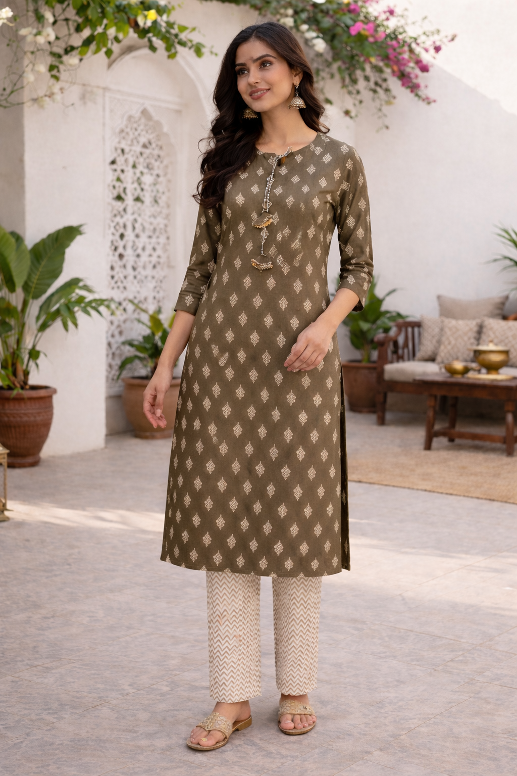 Women's Olive Floral Print Straight Kurta Set