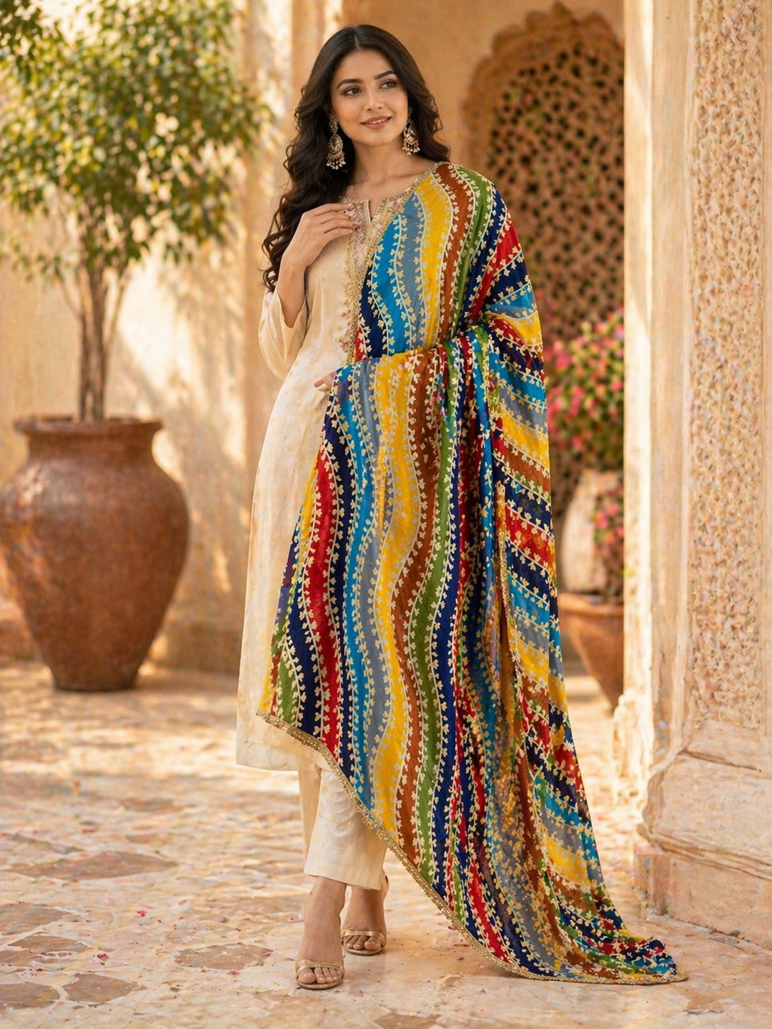 Women's Multicolor Wavy Stripe Printed Dupatta