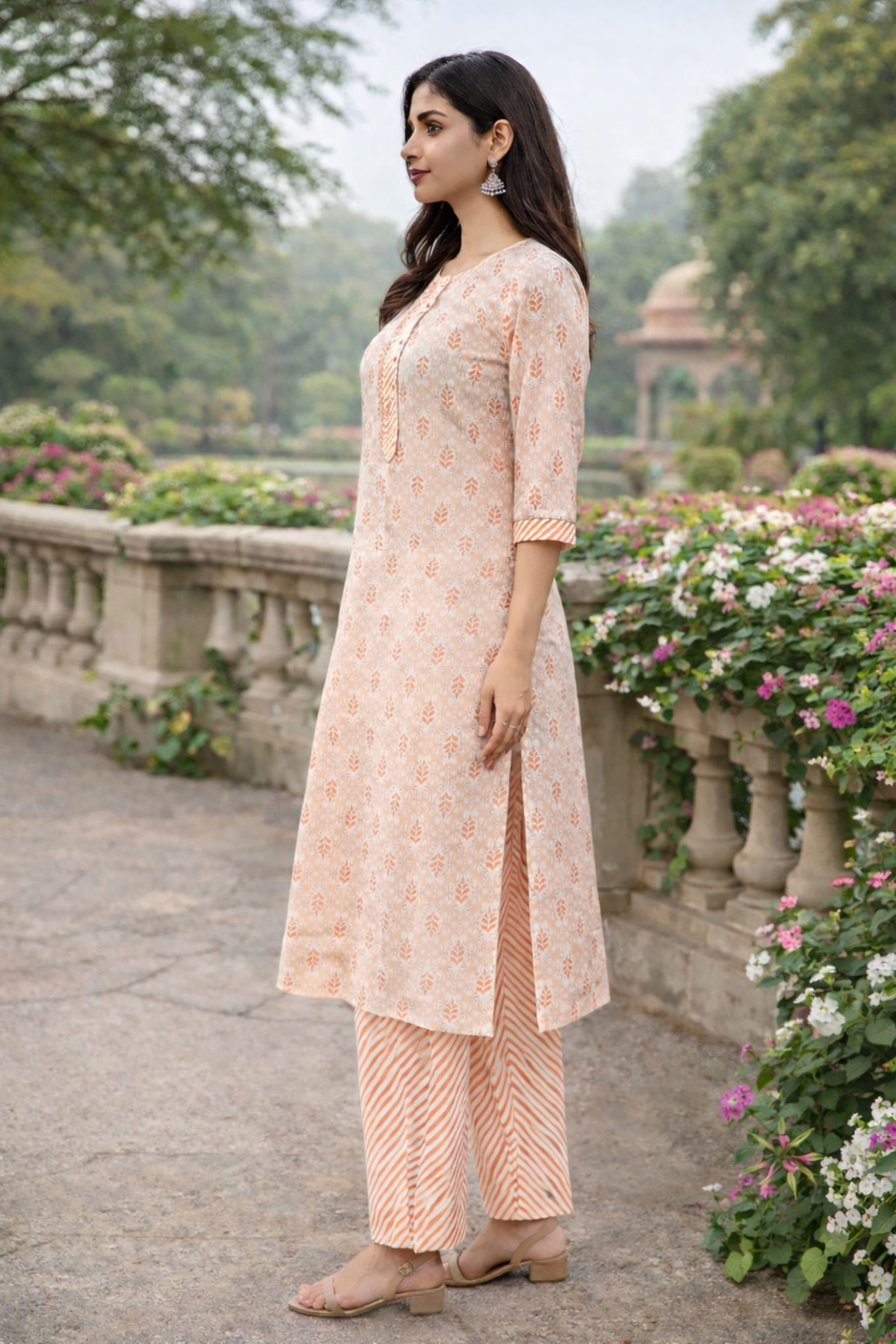 Rayon Printed Straight Kurta Pant Set- Kalki Coral