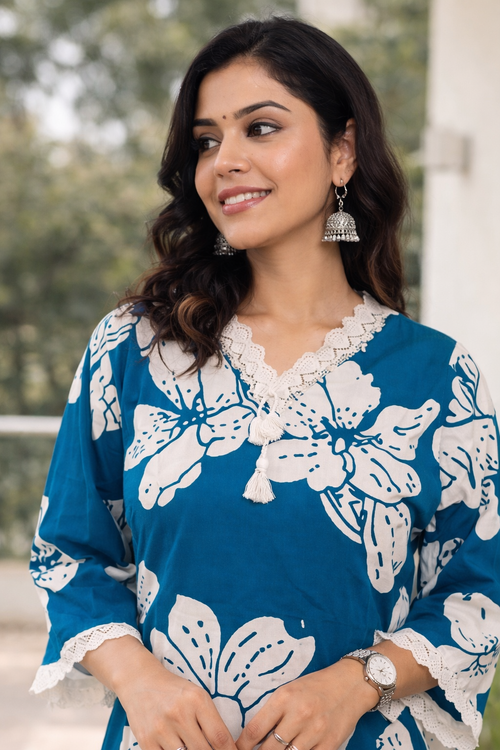 Cotton Flex Printed Kurta Set with Dupatta -Royal Blue