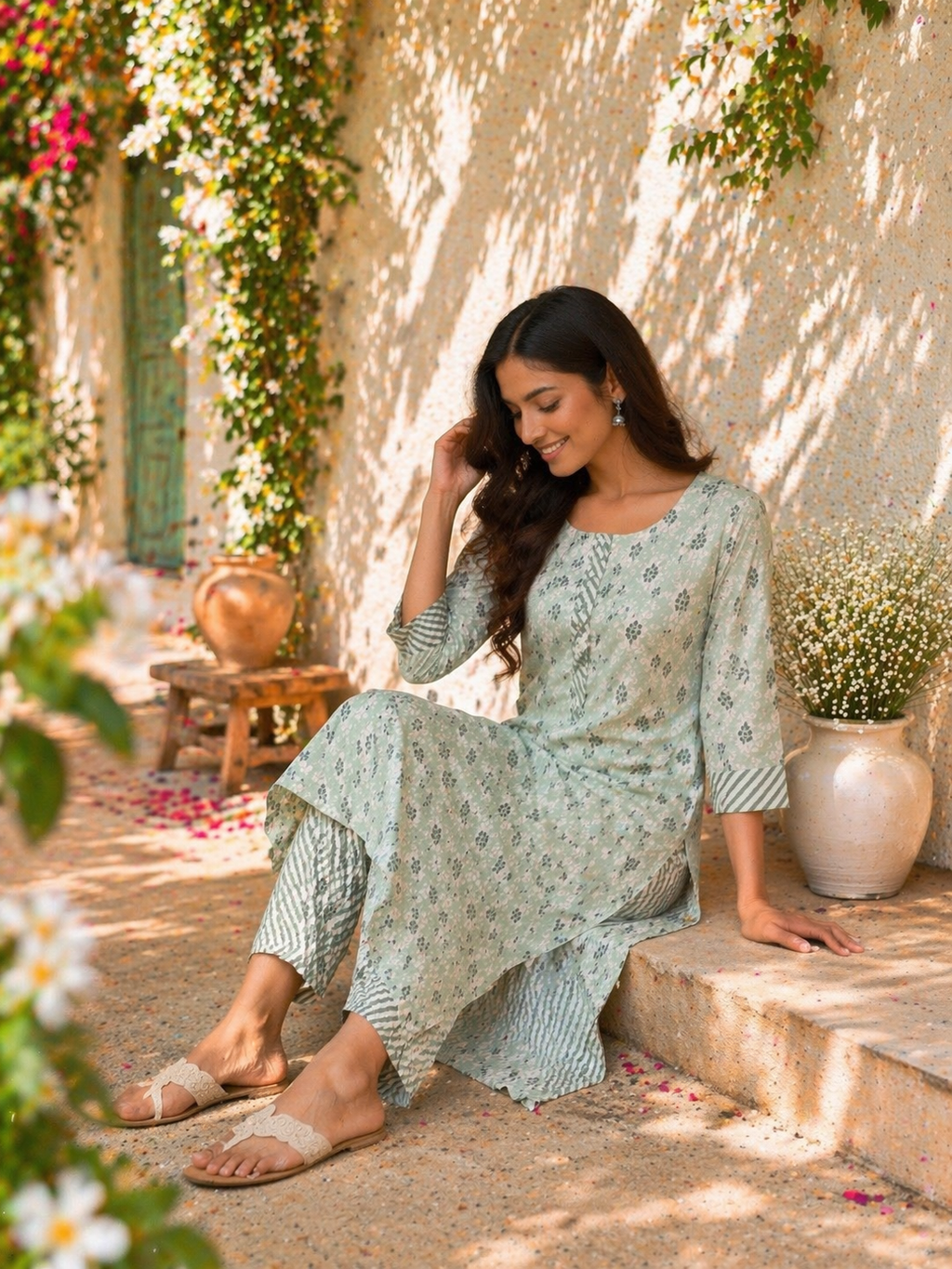 Rayon Printed Straight Kurta Pant Set- Light Grey
