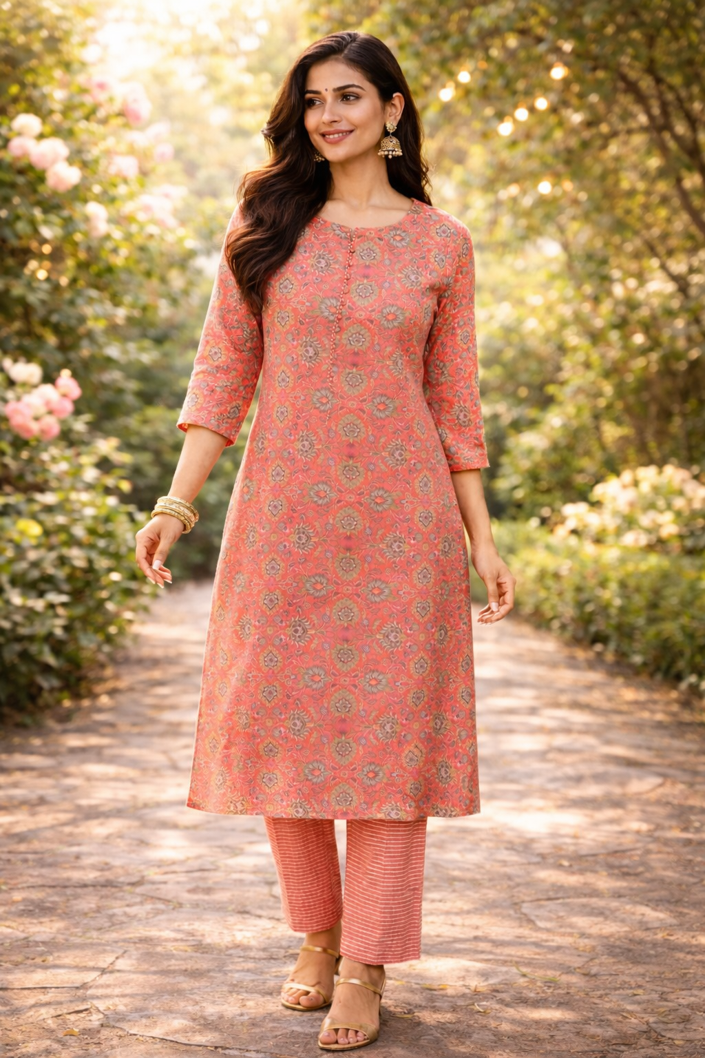 Rayon Printed Straight Kurta Pant Set- Kalki Rust Orange