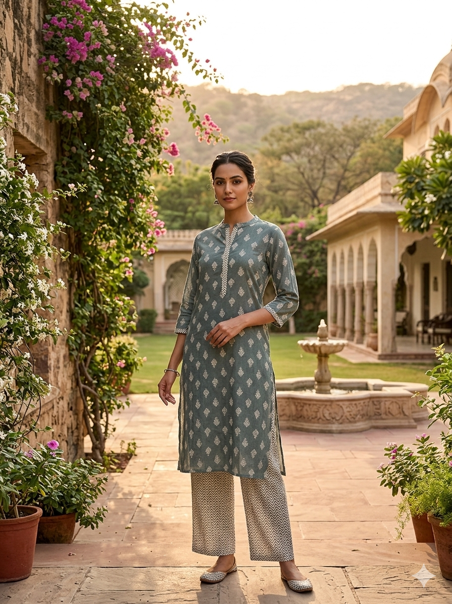 Teal Block Print Straight Kurta with Palazzo Pants Set