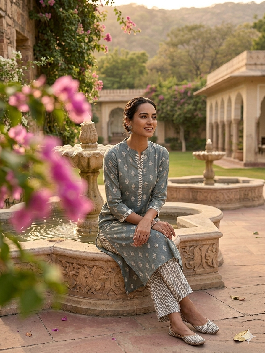Teal Block Print Straight Kurta with Palazzo Pants Set