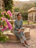 Teal Block Print Straight Kurta with Palazzo Pants Set