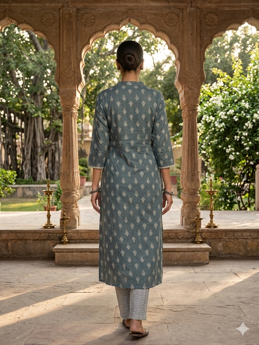 Teal Block Print Straight Kurta with Palazzo Pants Set