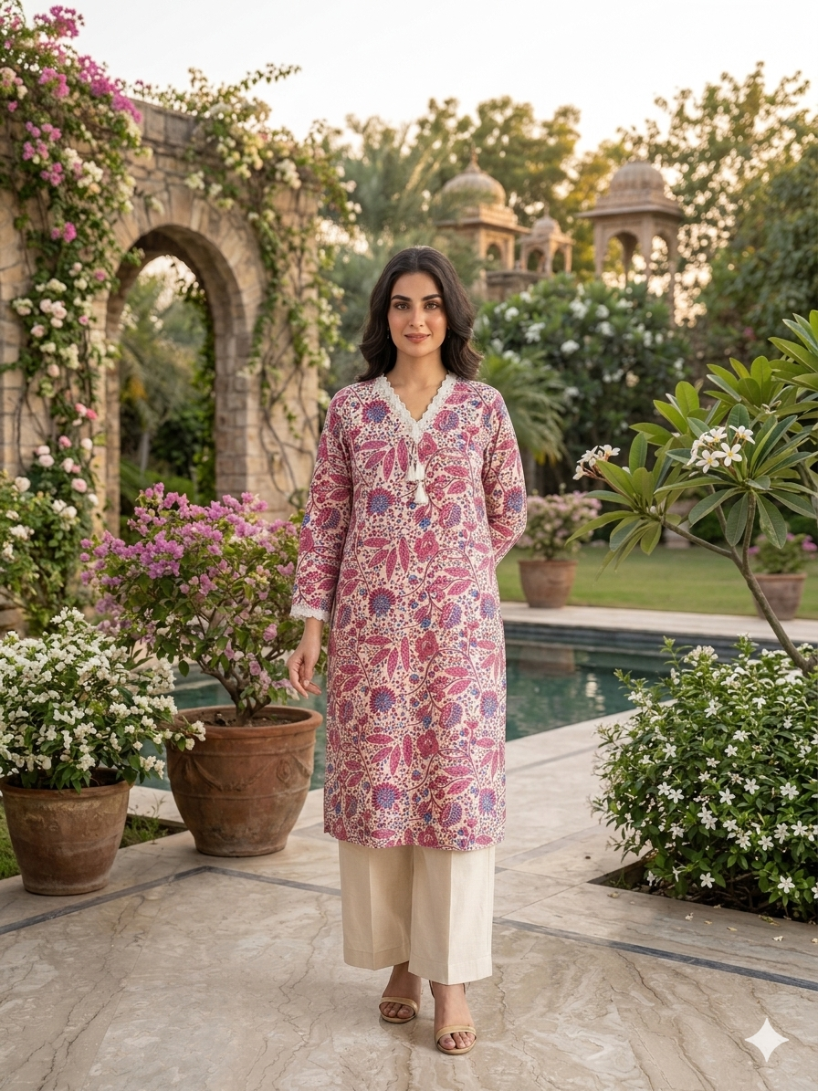 Cotton Flex Printed Kurta Set with Dupatta - Marron