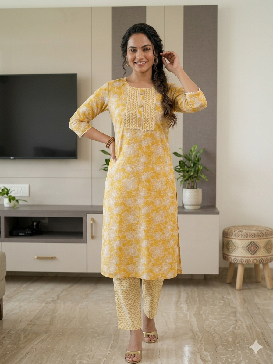 Elegant Kurta Set for Women- Light Yellow