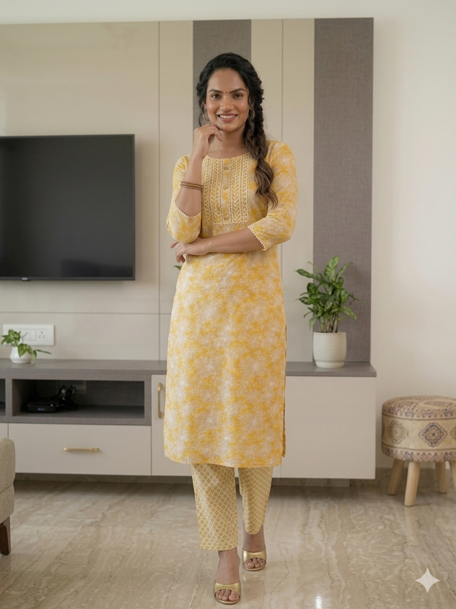 Elegant Kurta Set for Women- Light Yellow