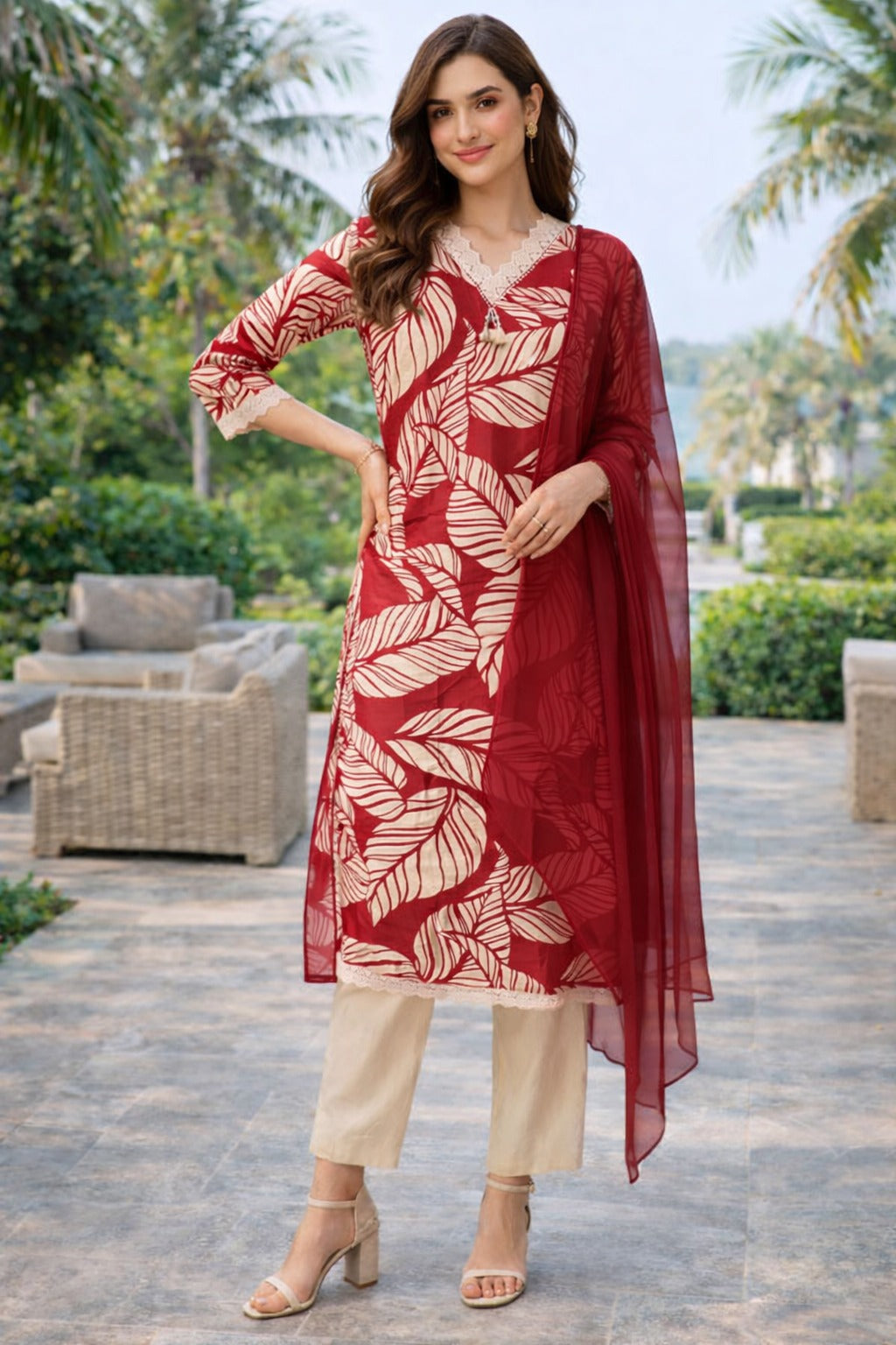 Cotton Flex Printed Kurta Set with Dupatta - Brick Red
