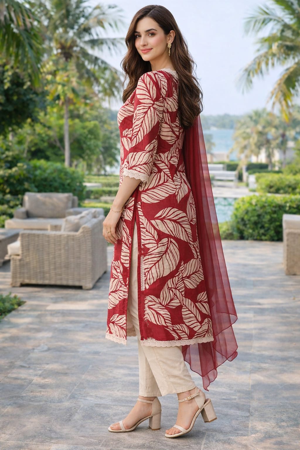 Cotton Flex Printed Kurta Set with Dupatta - Brick Red