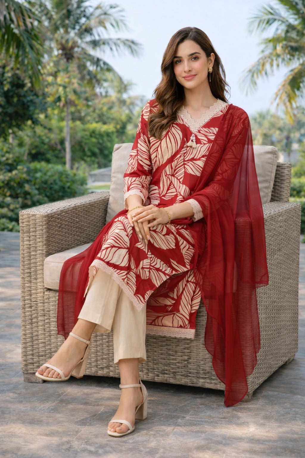Cotton Flex Printed Kurta Set with Dupatta - Brick Red