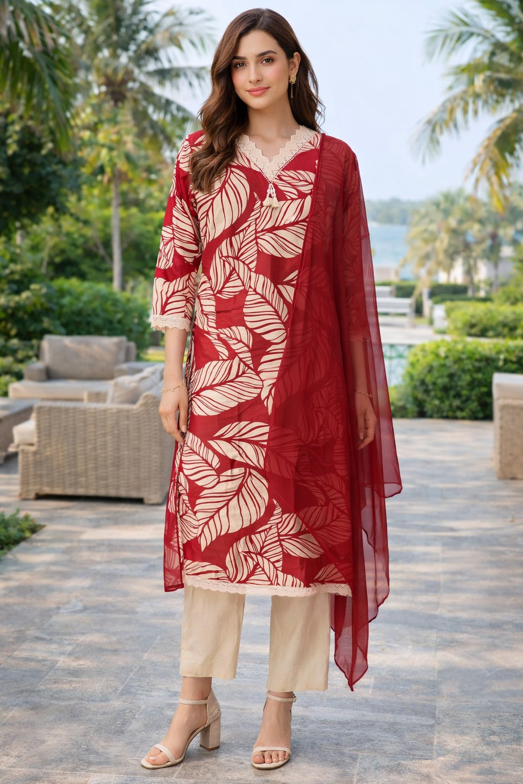 Cotton Flex Printed Kurta Set with Dupatta - Brick Red