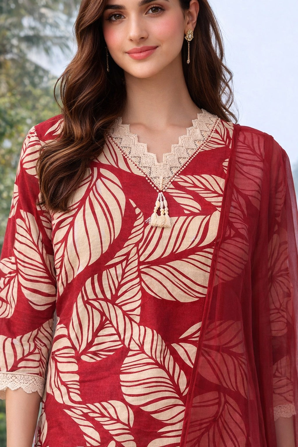 Cotton Flex Printed Kurta Set with Dupatta - Brick Red