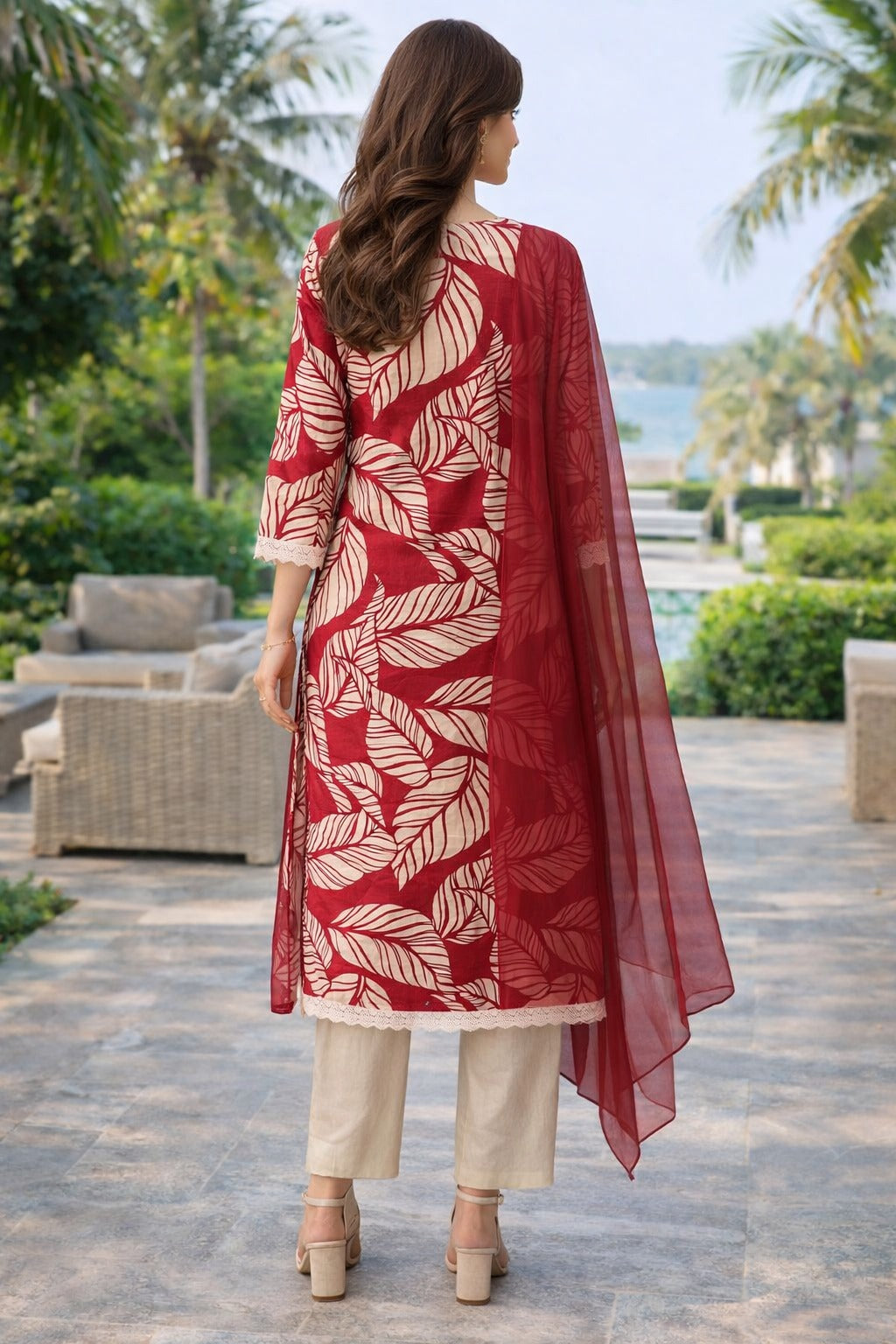 Cotton Flex Printed Kurta Set with Dupatta - Brick Red
