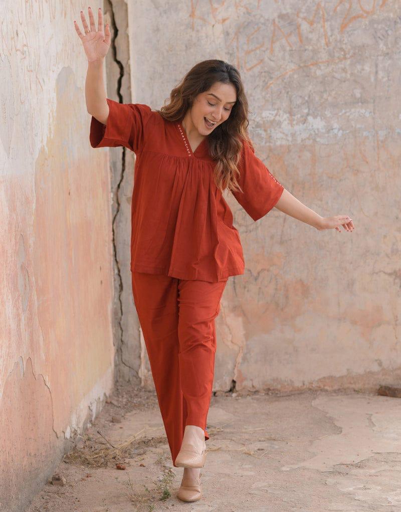 Orange Cotton Gathered Co-ord Set with Contrast Stitch Detail