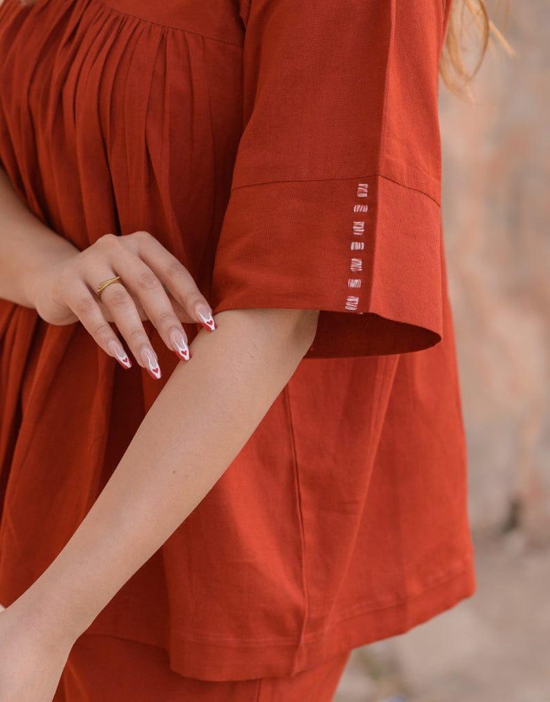 Orange Cotton Gathered Co-ord Set with Contrast Stitch Detail