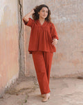 Orange Cotton Gathered Co-ord Set with Contrast Stitch Detail