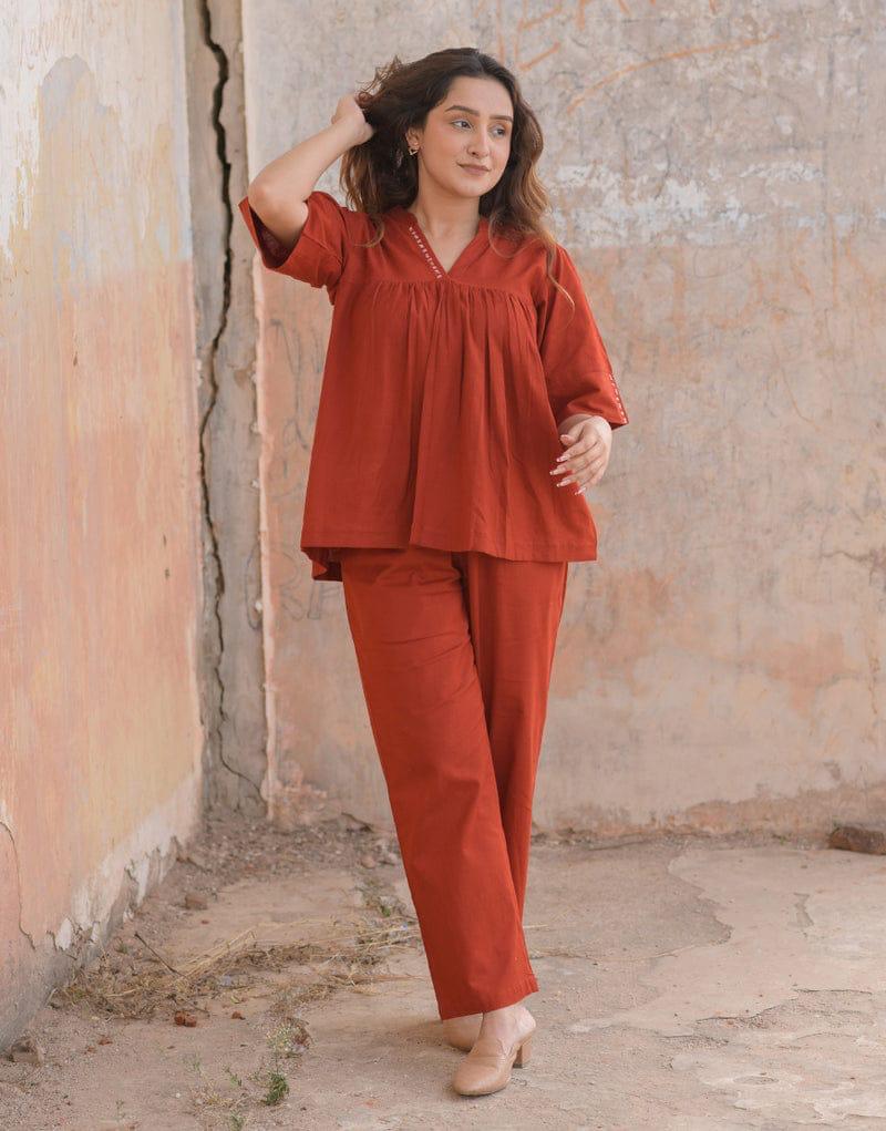 Orange Cotton Gathered Co-ord Set with Contrast Stitch Detail
