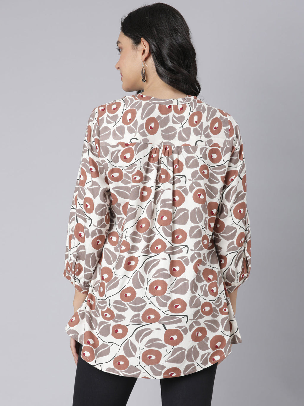 Women's Beige & Rust Floral Print A-Line Short Kurti