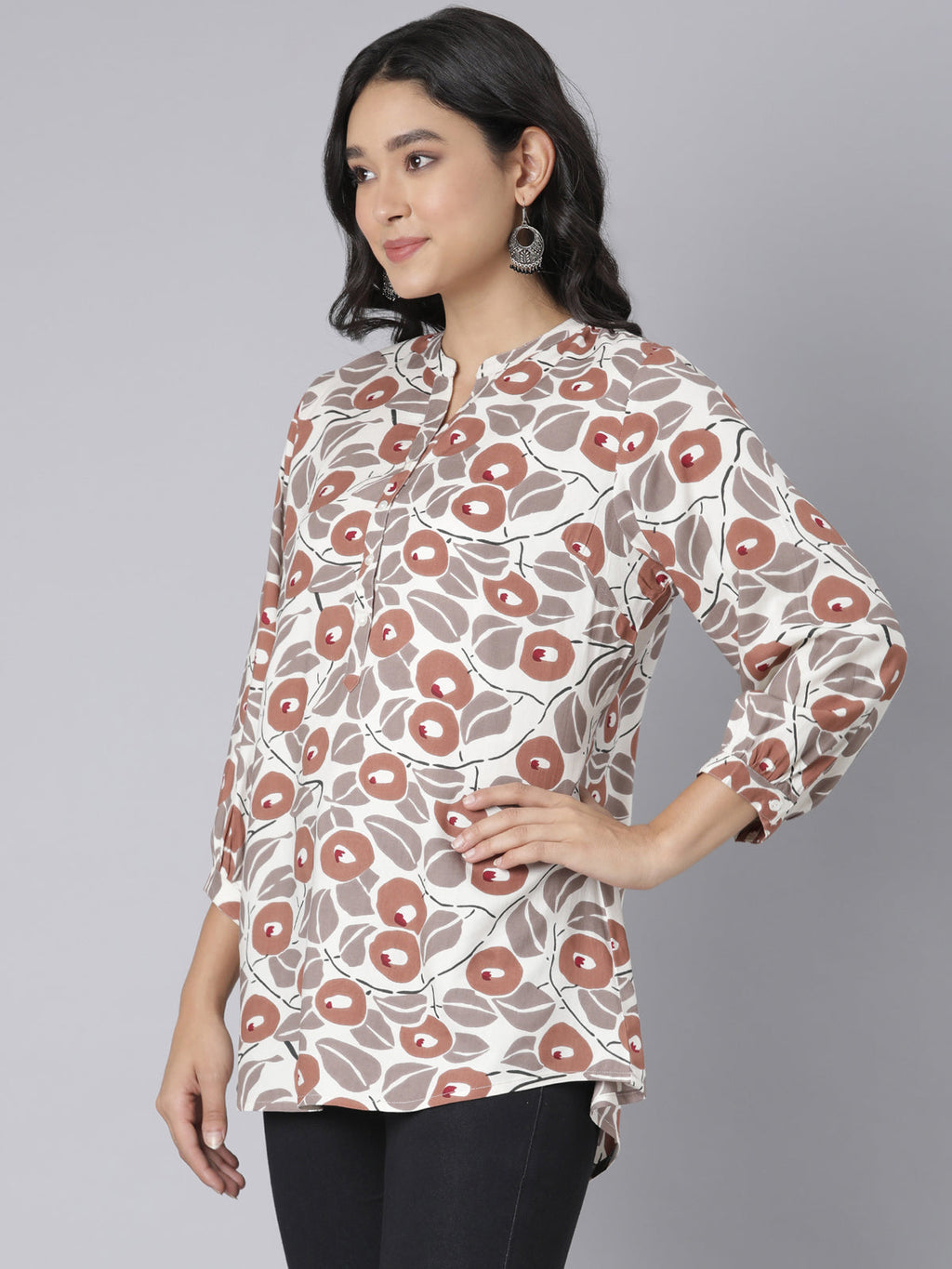 Women's Beige & Rust Floral Print A-Line Short Kurti