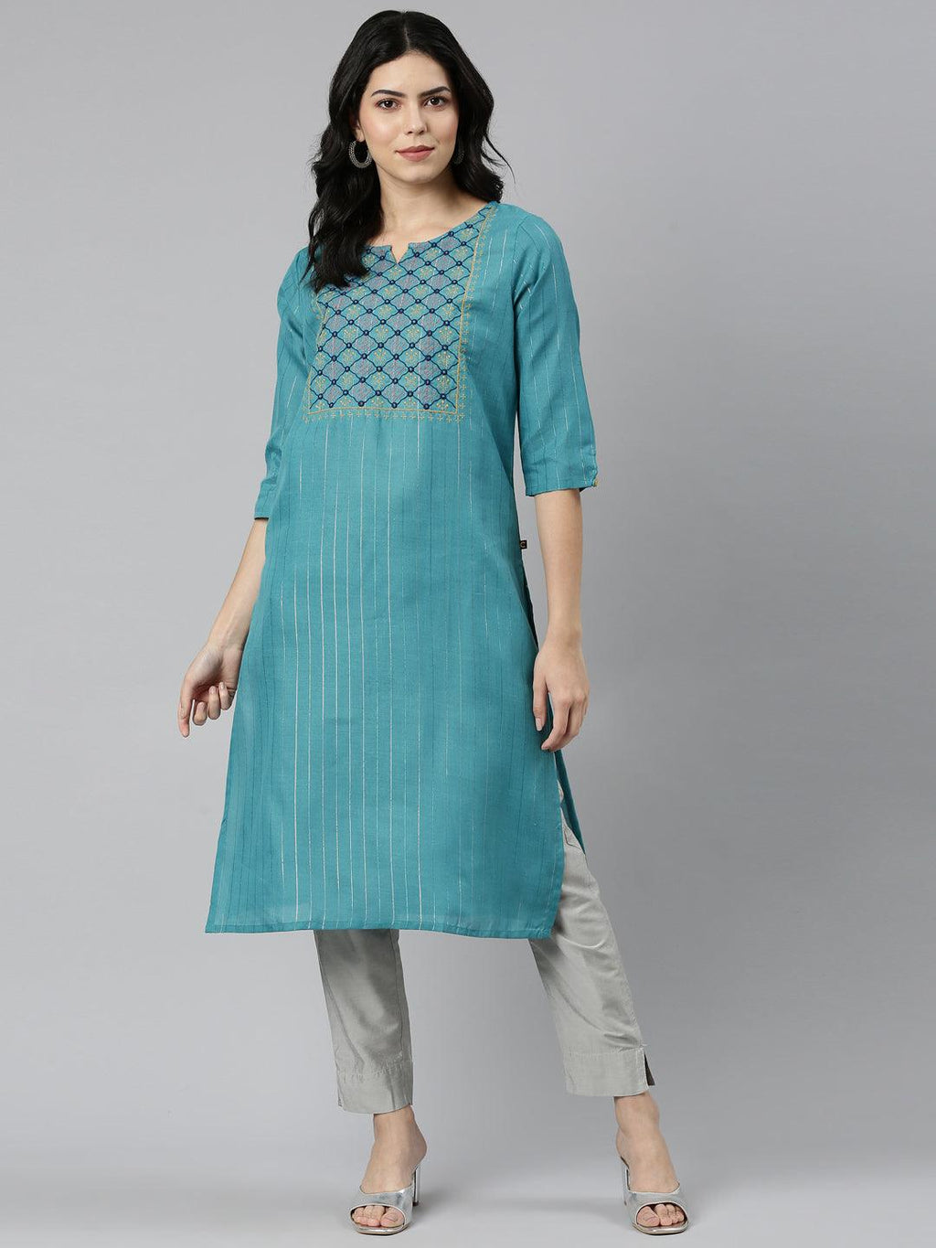 front view image of Samhitas blue chikankari kurta for women