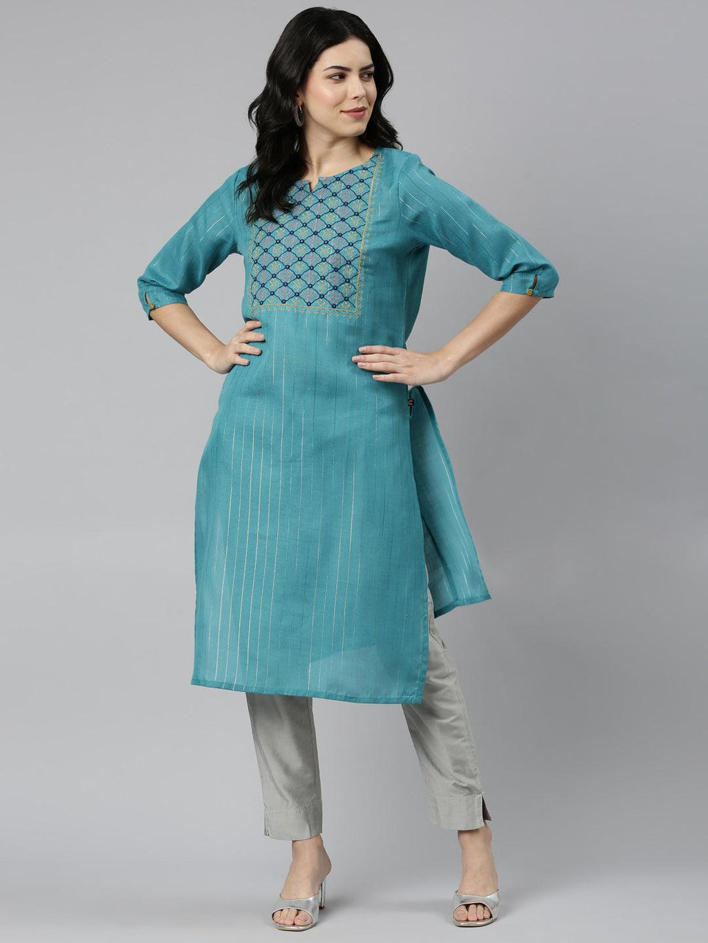 front view image of Samhitas blue chikankari kurta for women