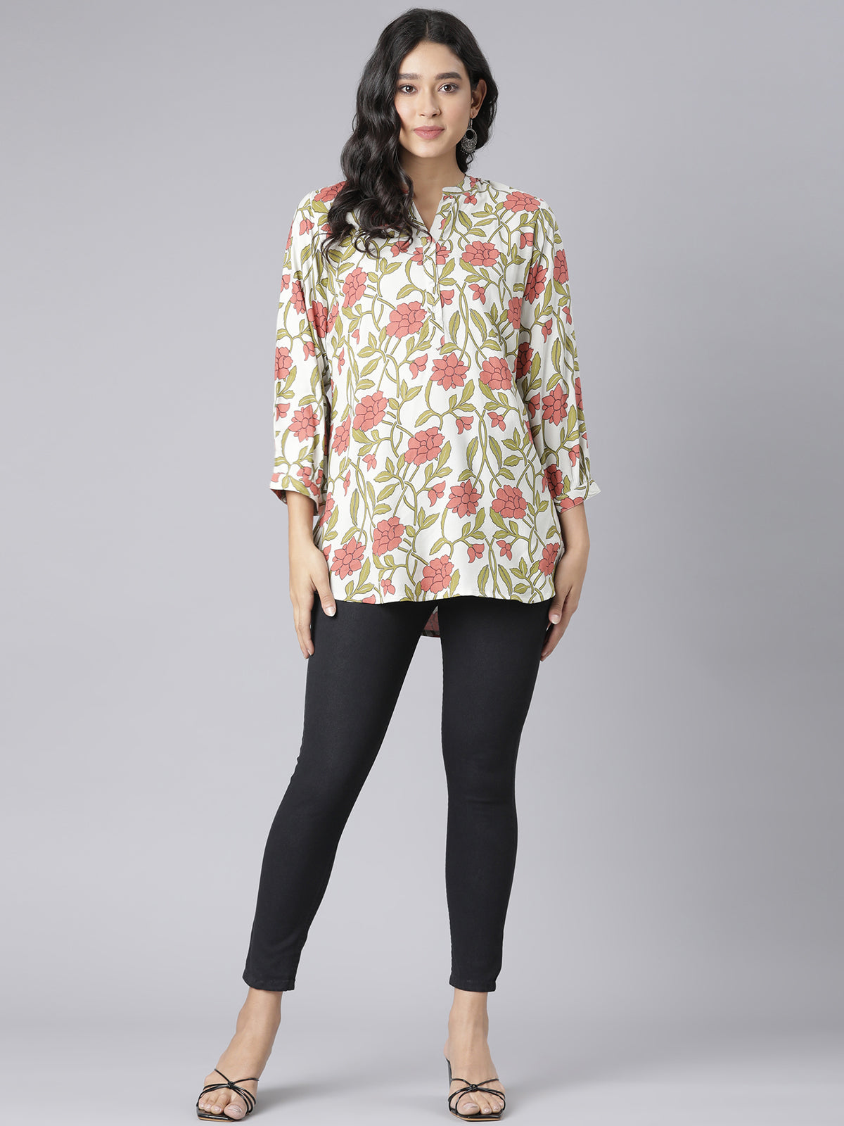 Blush Garden V-Neck Short Kurti with Olive Leaf Motifs and Coral Floral Print